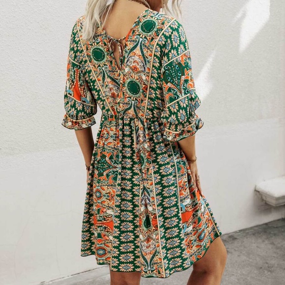 Bohemian Green Orange Paisley V neck Gypsy Mini Dress - Picture 3 of 4